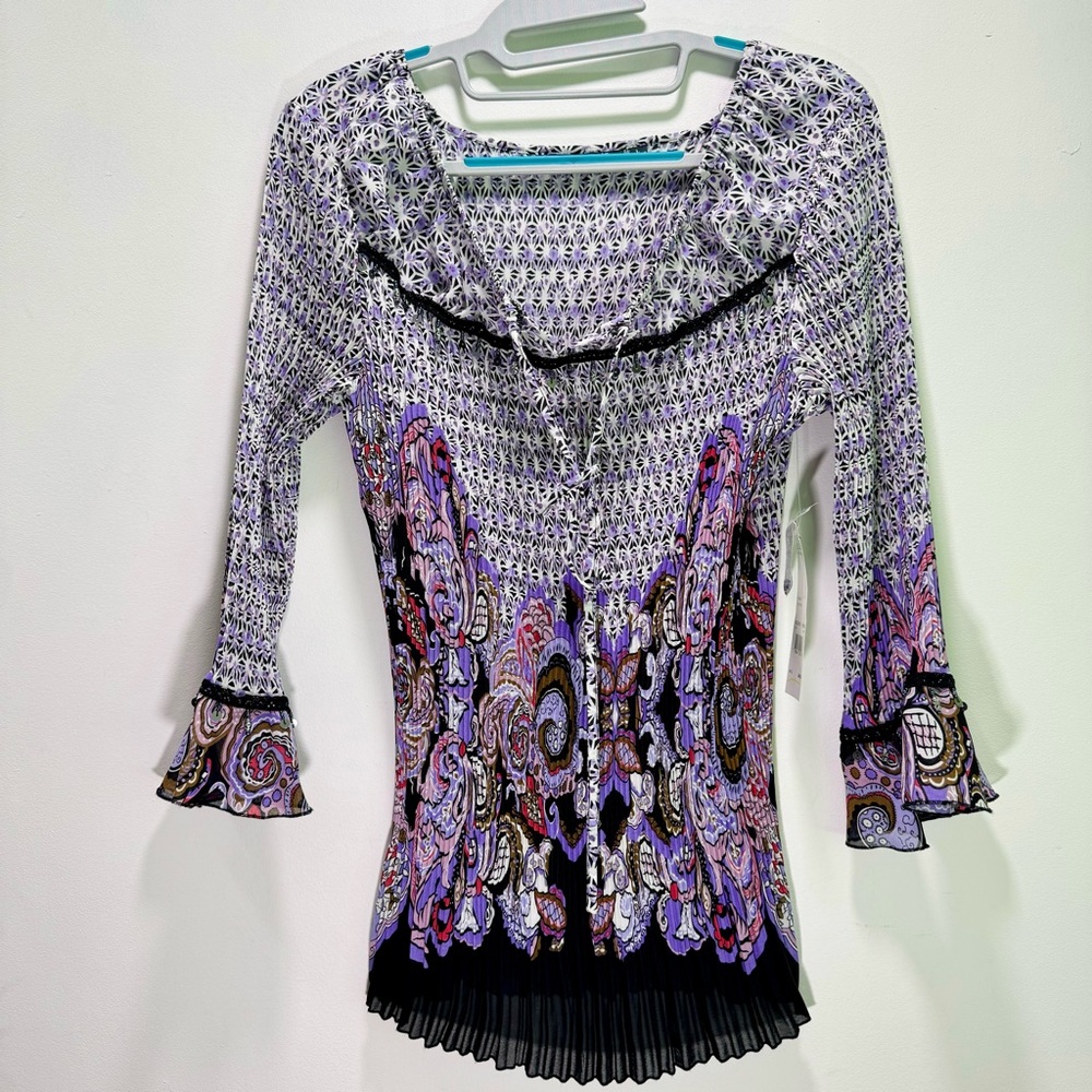 NWT Notations Purple Long Sleeve Crinkle Top Accordion Beaded Stretch Shirt L